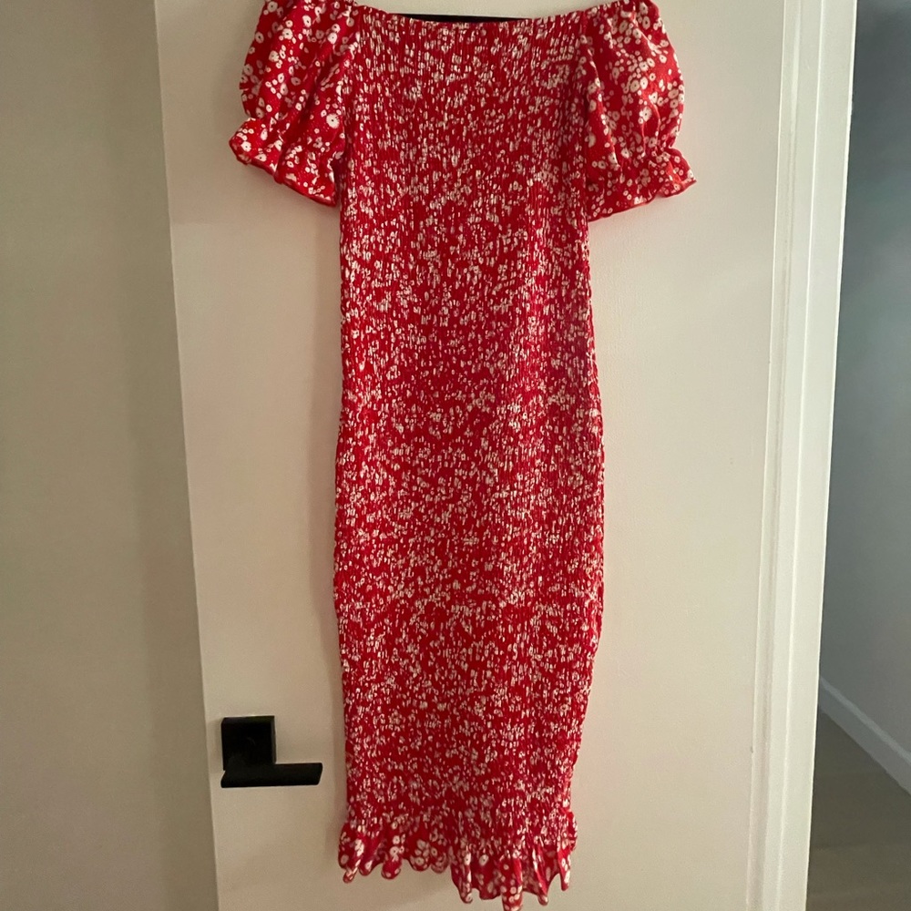 Red floral shirred mermaid dress